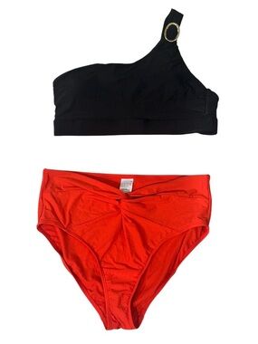 Time and Tru One-Shoulder Black Bikini Top with Red High-Waist Bottom